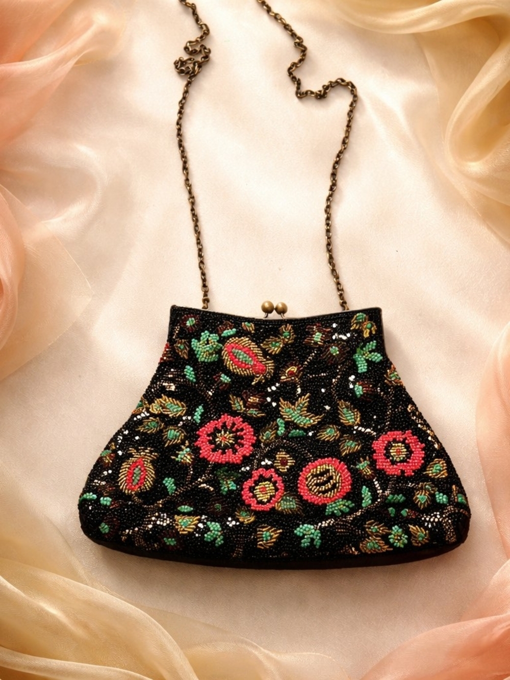 Beaded Floral Evening Bag - Black with Pink & Green Embroidery